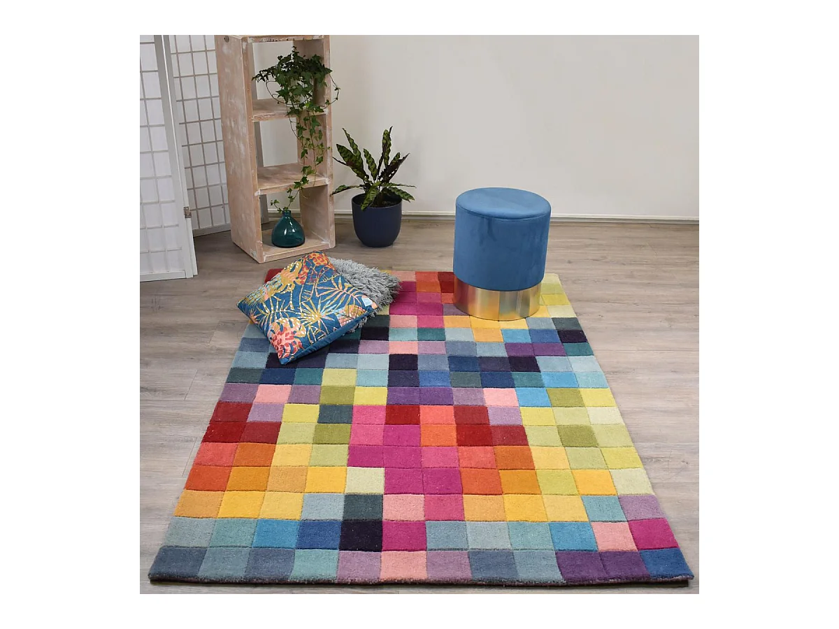 tapis salle à manger 200x290 fait main en laine multicolore rectangle motif damier