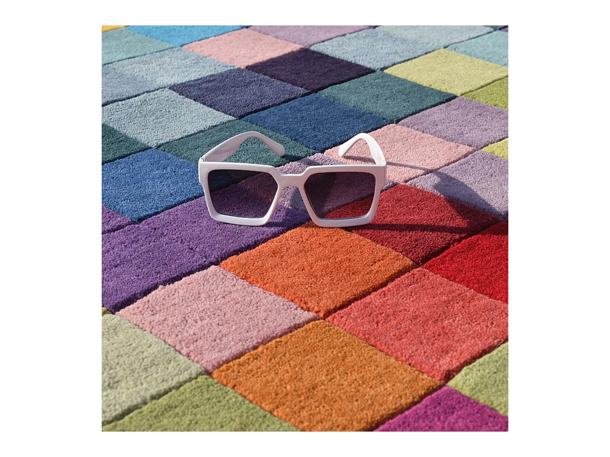 tapis salle à manger 200x290 fait main en laine multicolore rectangle motif damier