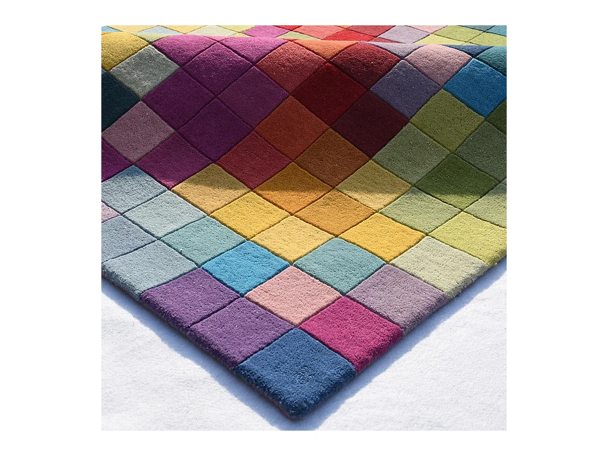 tapis salle à manger 200x290 fait main en laine multicolore rectangle motif damier