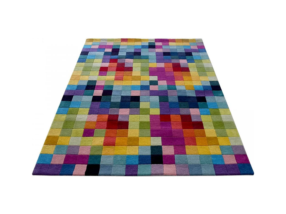tapis salle à manger 200x290 fait main en laine multicolore rectangle motif damier