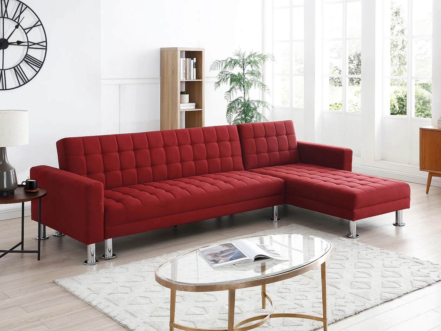 Sofá de canto conversível e reversível em tecido vermelho WILLIS II