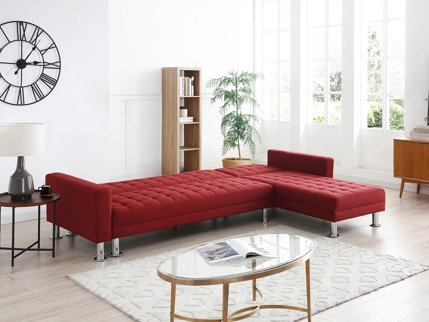 Canapé d'angle convertible et réversible en tissu rouge WILLIS II