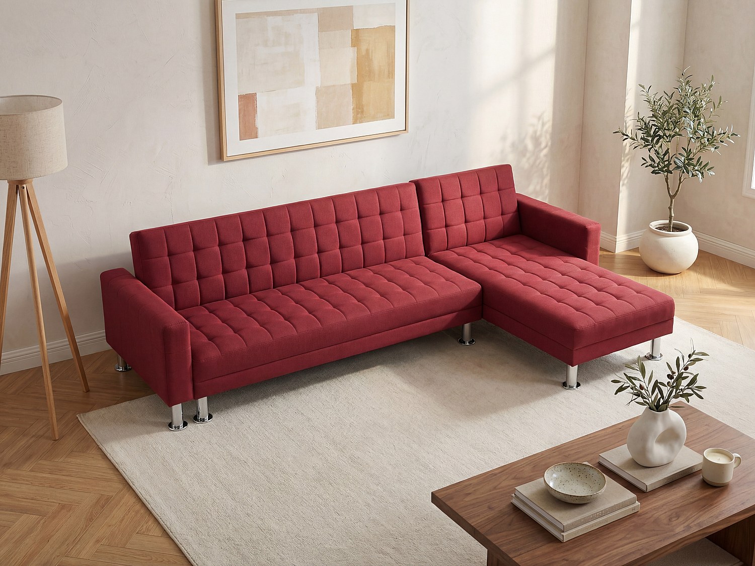 Canapé d'angle convertible et réversible en tissu rouge WILLIS II