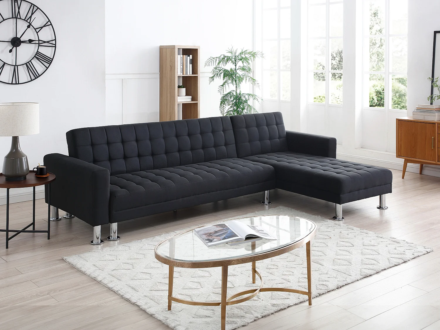 Canapé d'angle convertible et réversible en tissu noir WILLIS II