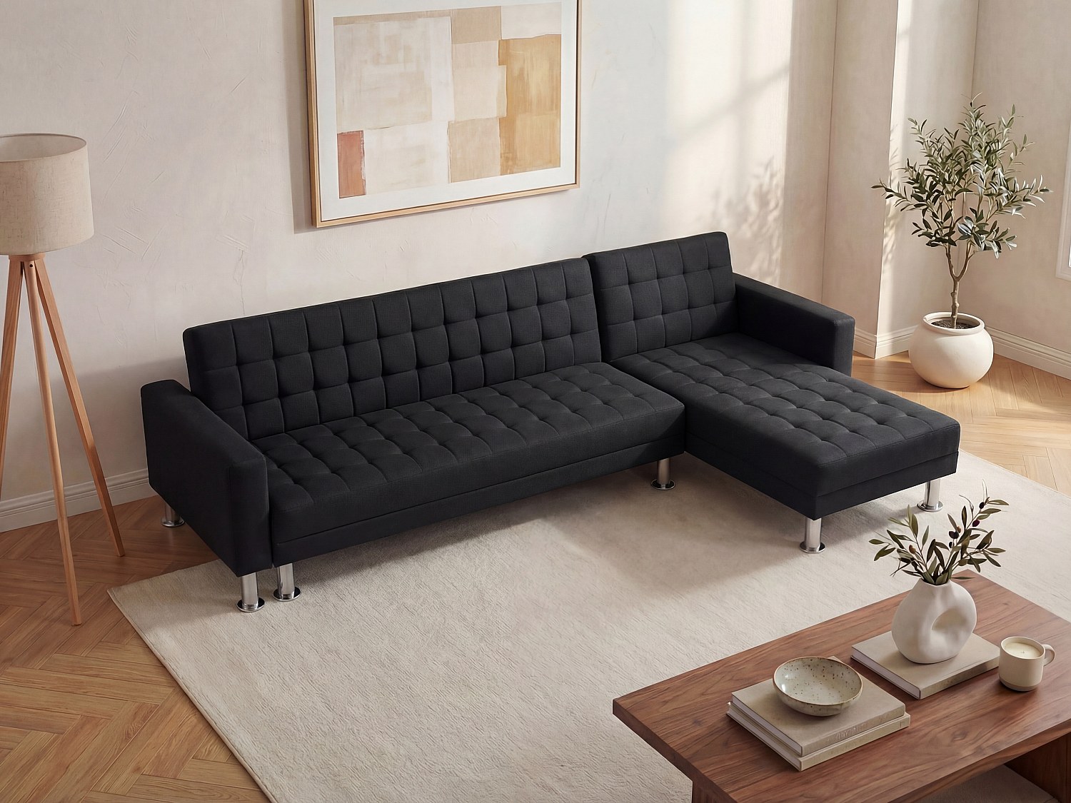 Canapé d'angle convertible et réversible en tissu noir WILLIS II