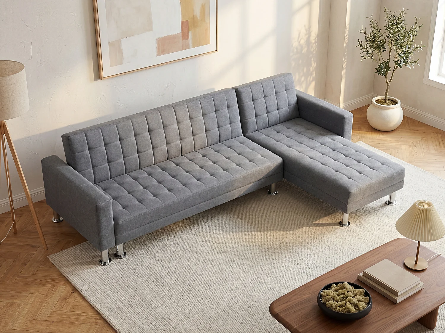 Sofá de canto convertível e reversível em tecido cinza - WILLIS II