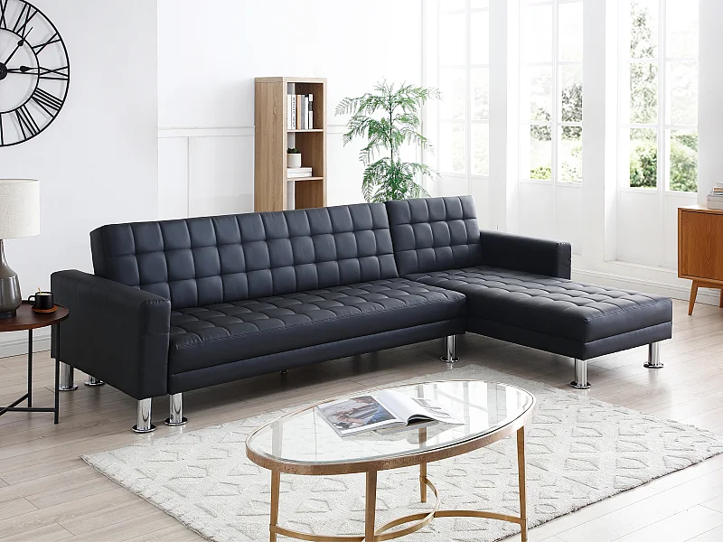 Ecksofa mit Schlaffunktion - Ecke wechselbar - Kunstleder - Schwarz - WILLIS II