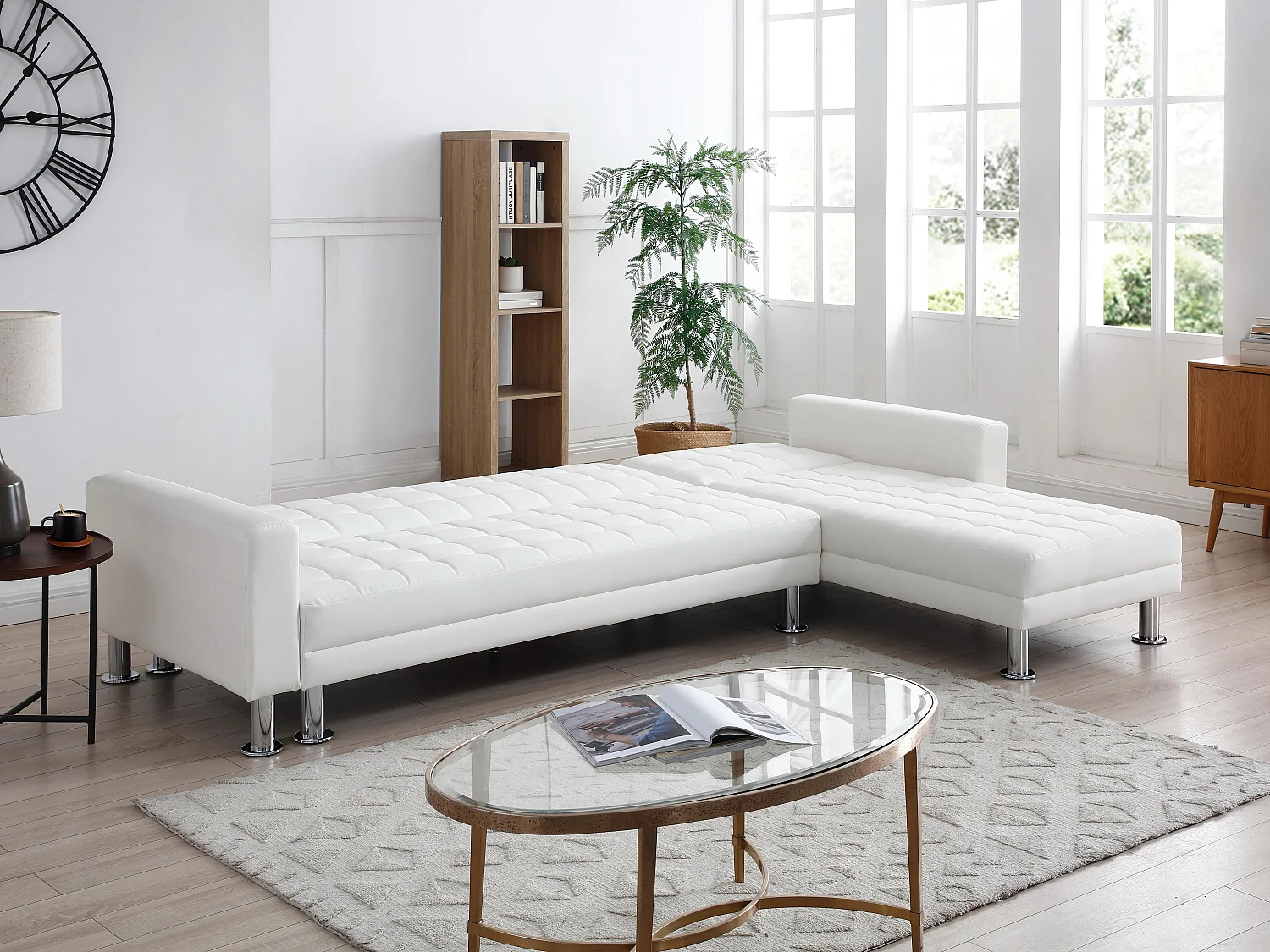 Sofá cama rinconera y reversible de piel sintética blanco WILLIS II