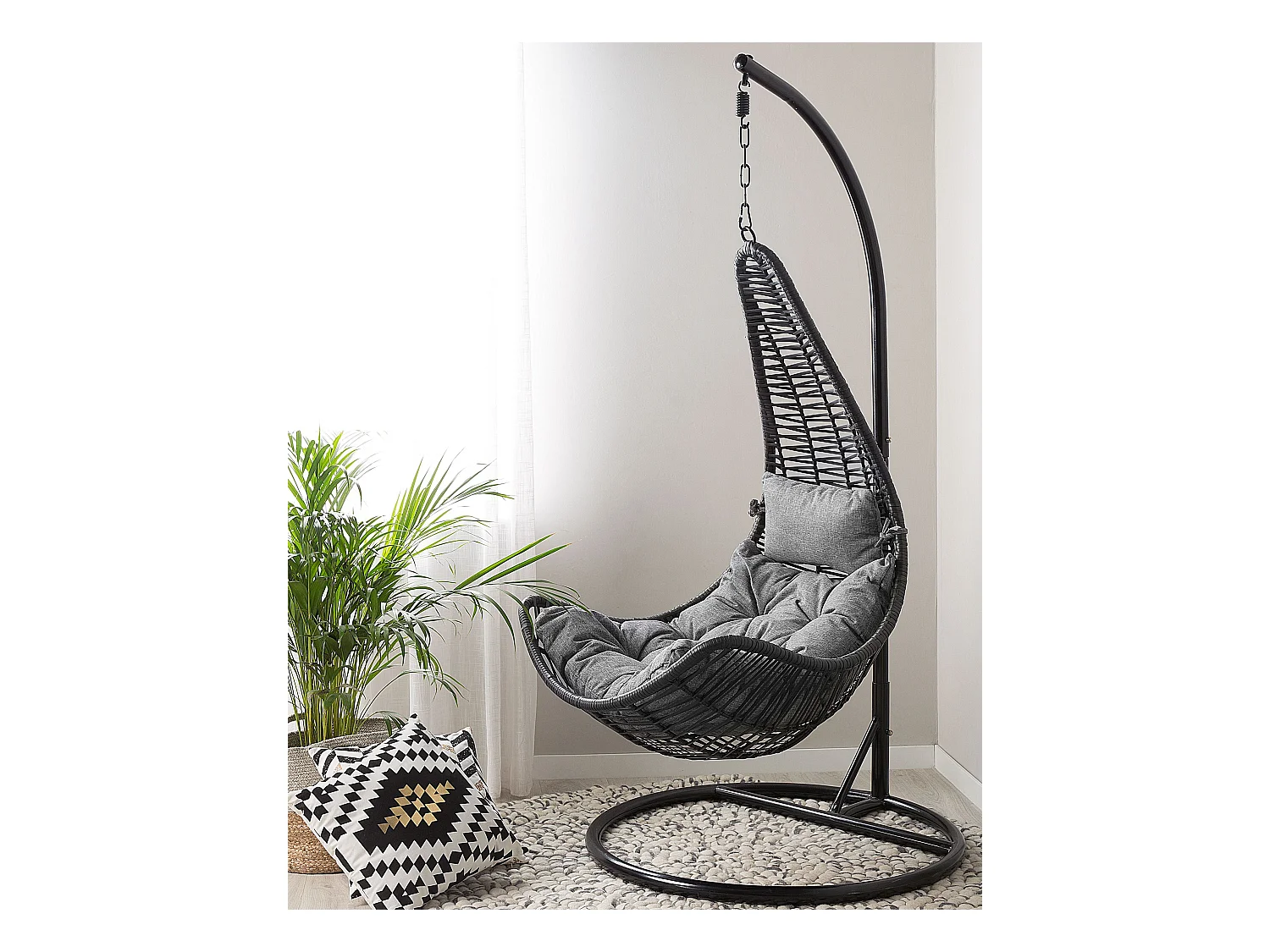 Bequemer Hängekorb in Schwarz Rattan inkl. Sitz- und Kopfkissen Boho Stil Atri II