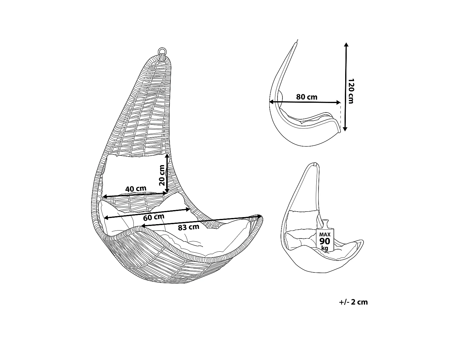 Bequemer Hängekorb in Schwarz Rattan inkl. Sitz- und Kopfkissen Boho Stil Atri II