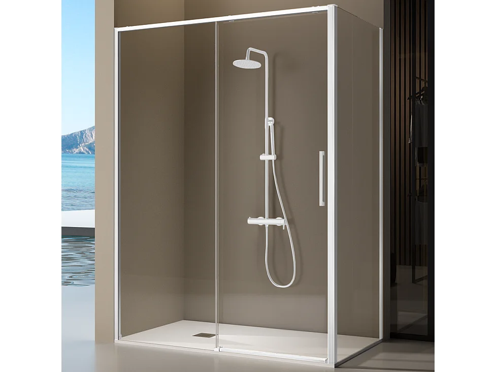 Paroi de douche fixe + porte coulissante DELTA blanc mat 129-131.6 cm