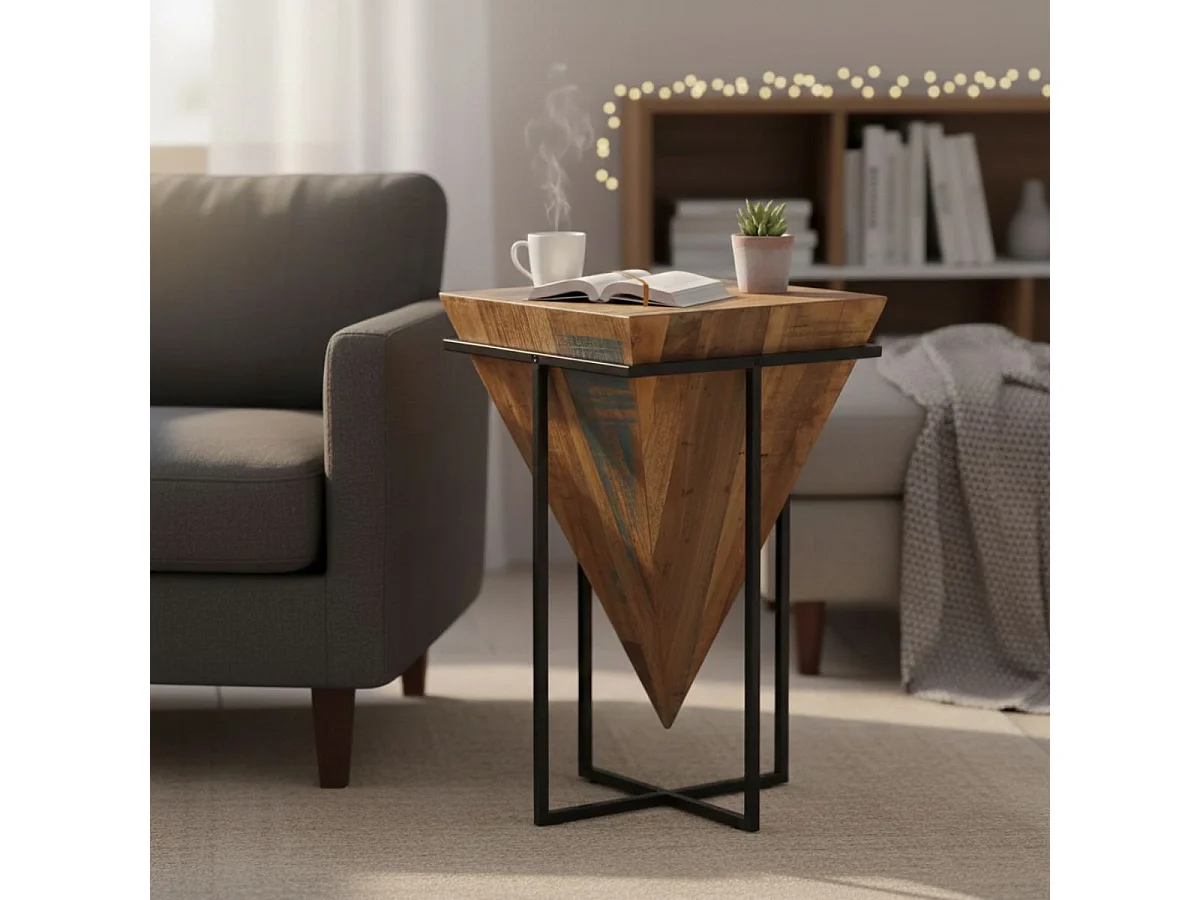 FINDY - Table d'Appoint H.68cm Pyramide Inversée Bois Massif et Métal Noir