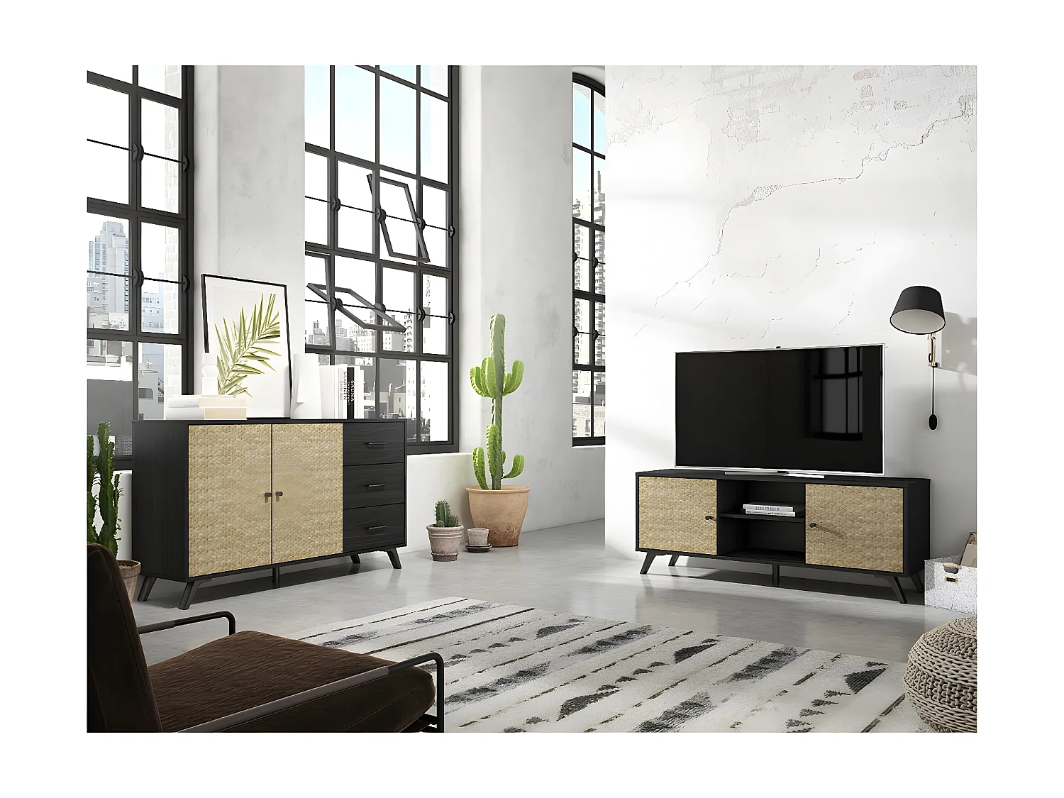 GADDI - Pack Salon Meuble TV 136cm + Buffet 2 Portes 3 Tiroirs Effet Bambou Tressé