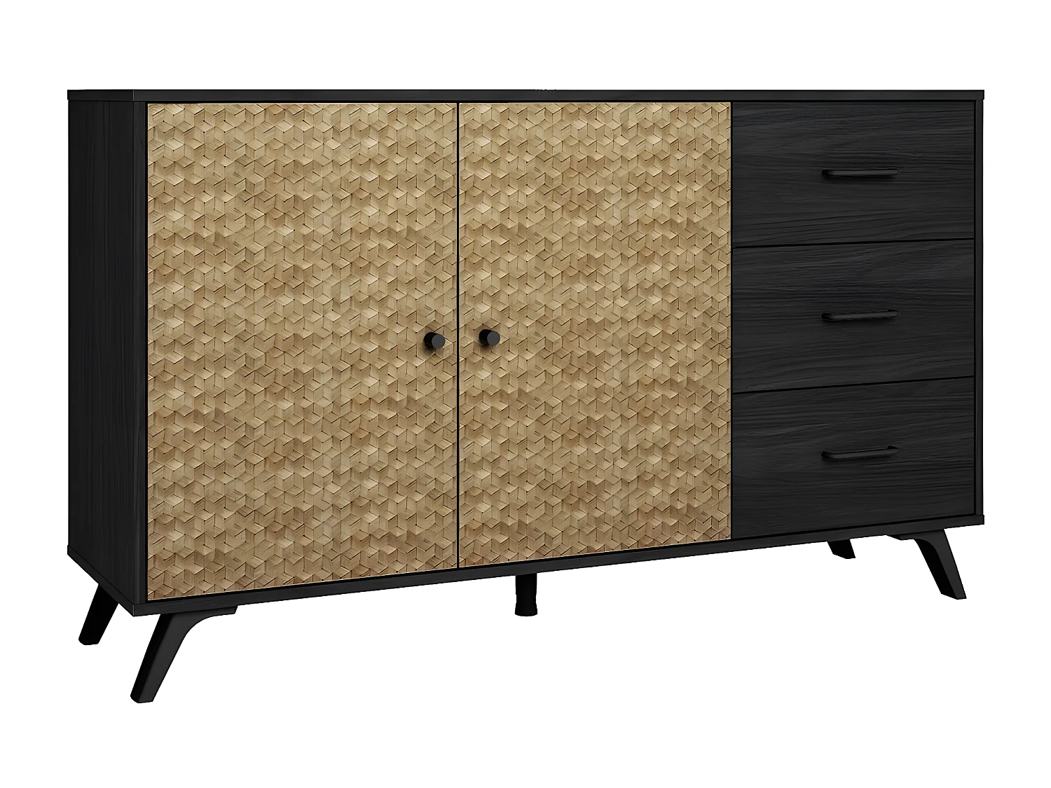 GADDI - Pack Salon Meuble TV 136cm + Buffet 2 Portes 3 Tiroirs Effet Bambou Tressé