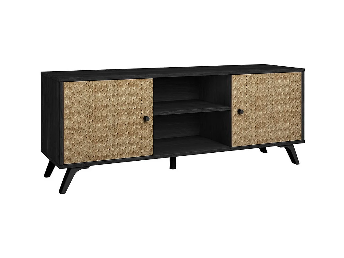 GADDI - Meuble TV 136cm 2 Portes Effet Bois Noir et Bambou Tressé