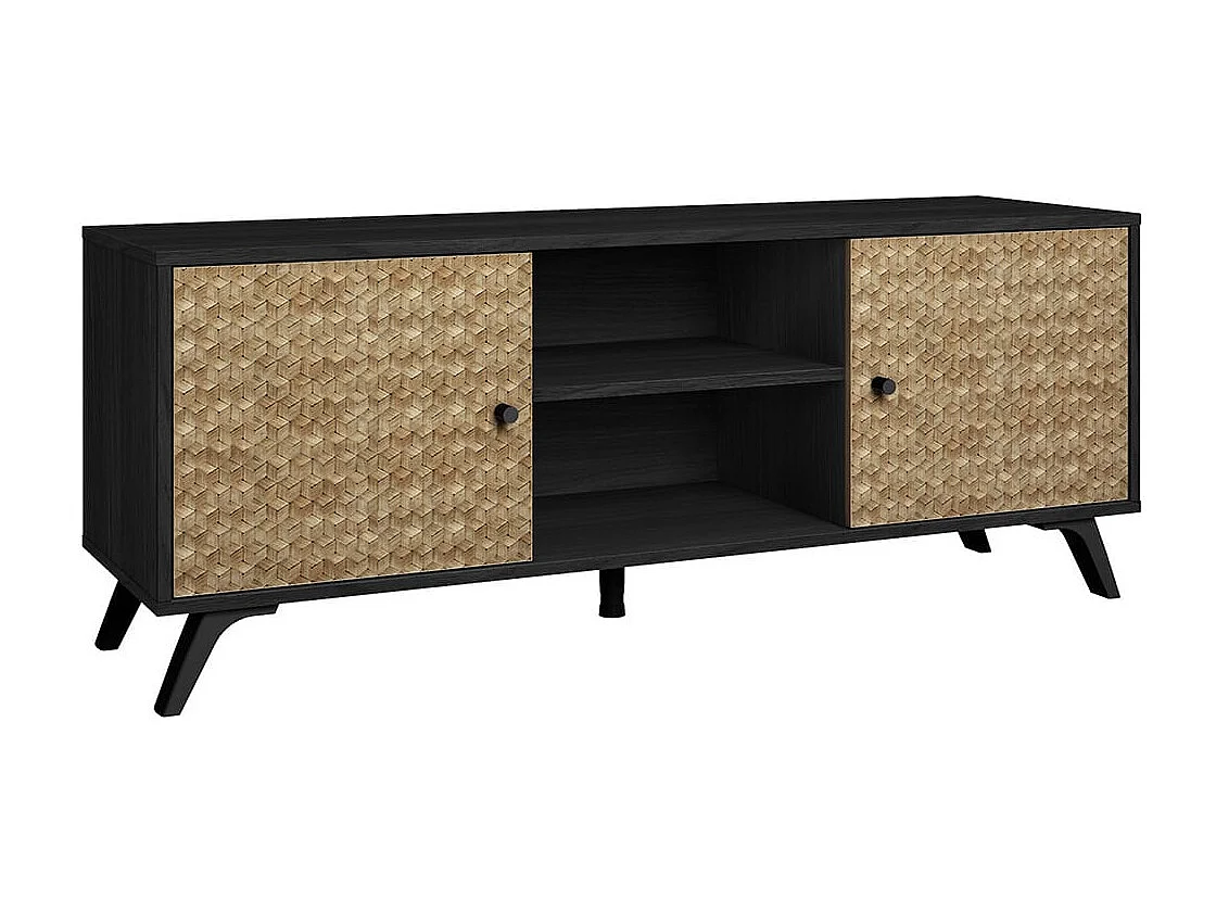 GADDI - Meuble TV 136cm 2 Portes Effet Bois Noir et Bambou Tressé