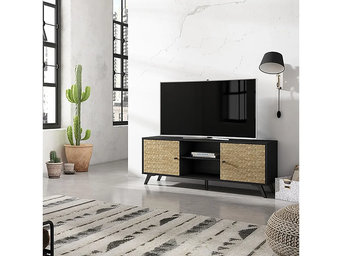 GADDI - Meuble TV 136cm 2 Portes Effet Bois Noir et Bambou Tressé