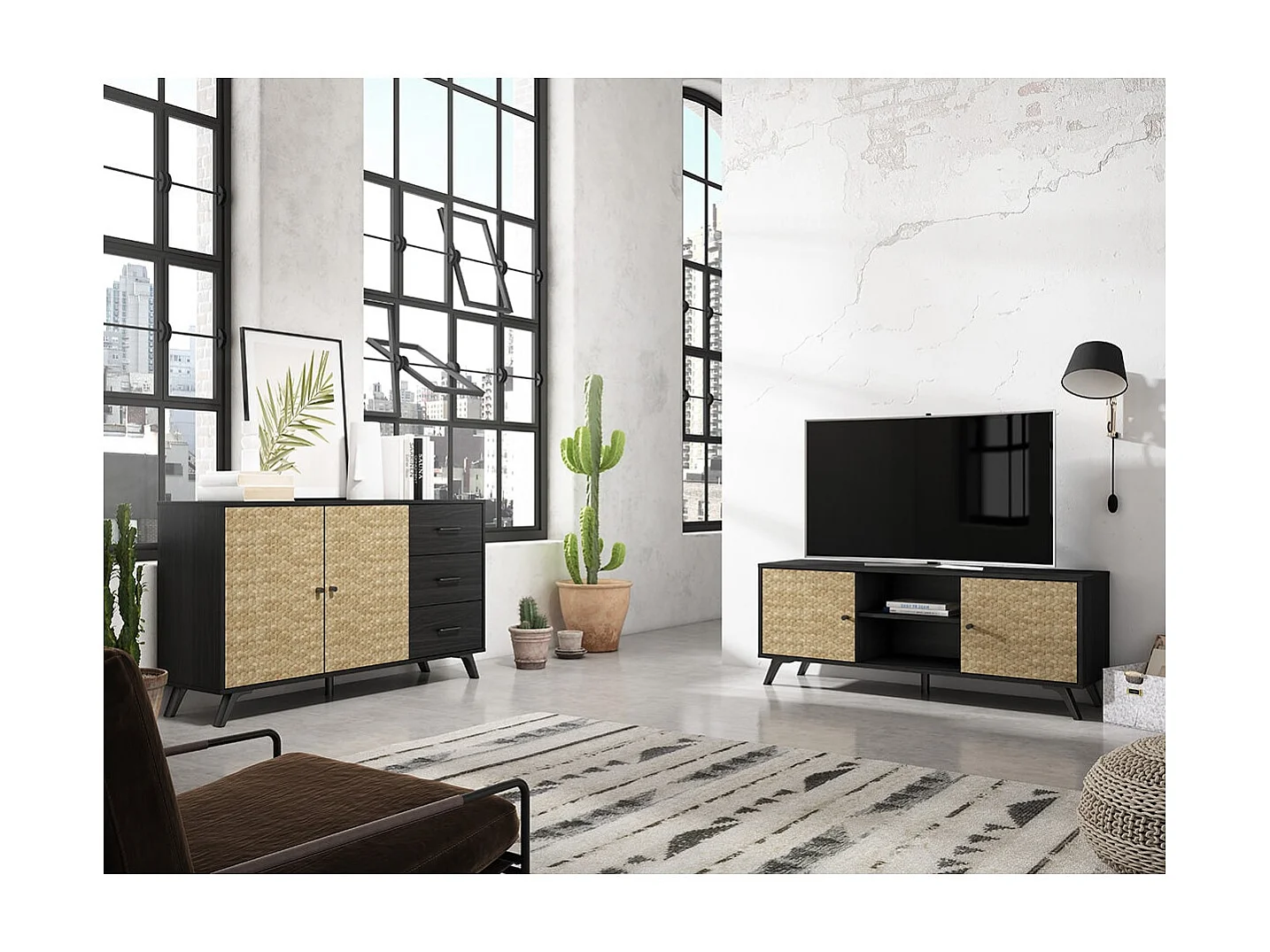 GADDI - Meuble TV 136cm 2 Portes Effet Bois Noir et Bambou Tressé