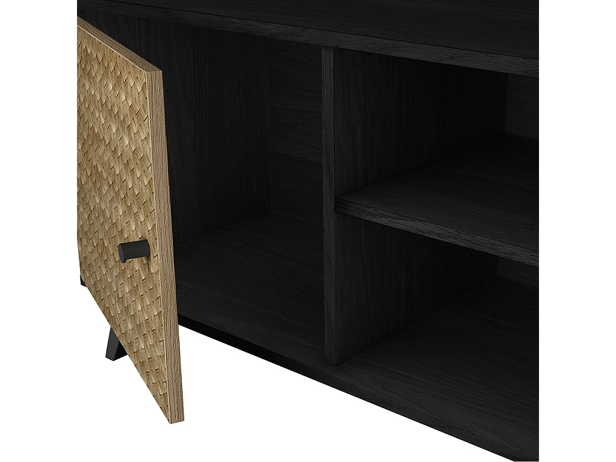 GADDI - Meuble TV 136cm 2 Portes Effet Bois Noir et Bambou Tressé