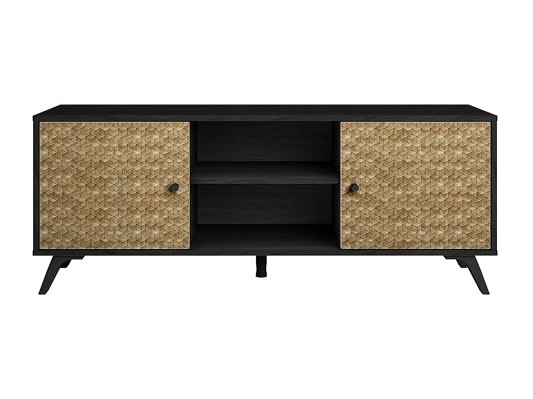 GADDI - Meuble TV 136cm 2 Portes Effet Bois Noir et Bambou Tressé