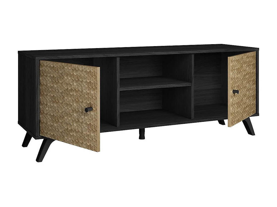 GADDI - Meuble TV 136cm 2 Portes Effet Bois Noir et Bambou Tressé