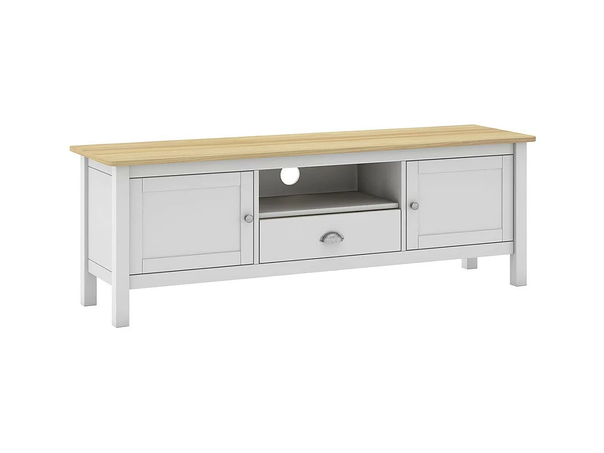 BASCO - Meuble TV 2 Portes 1 Tiroir en Pin Massif Naturel et Blanc