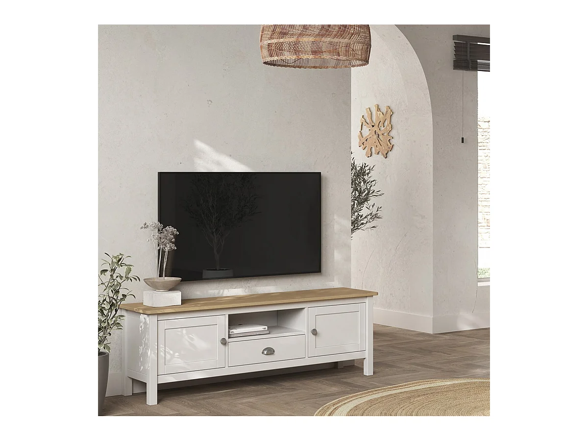 BASCO - Meuble TV 2 Portes 1 Tiroir en Pin Massif Naturel et Blanc