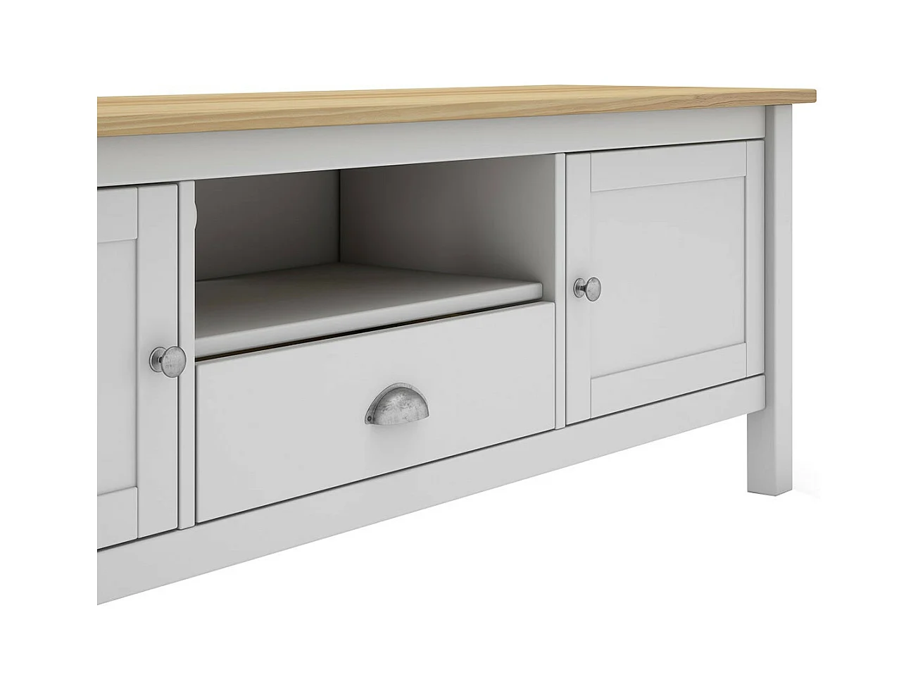 BASCO - Meuble TV 2 Portes 1 Tiroir en Pin Massif Naturel et Blanc