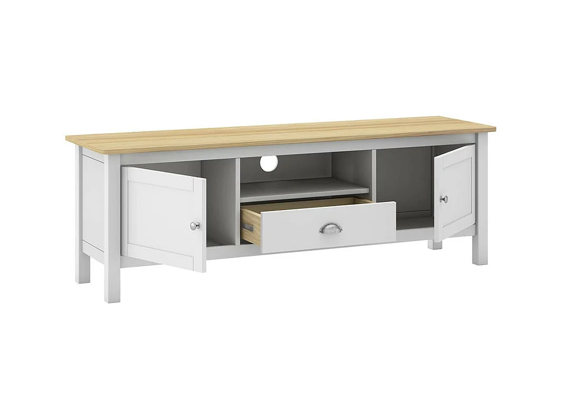 BASCO - Meuble TV 2 Portes 1 Tiroir en Pin Massif Naturel et Blanc