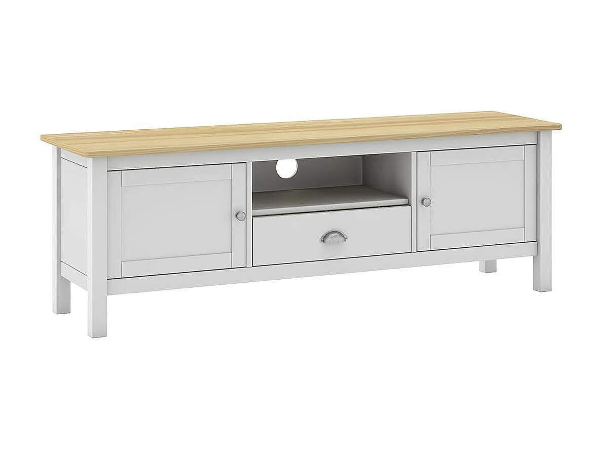 BASCO - Meuble TV 2 Portes 1 Tiroir en Pin Massif Naturel et Blanc