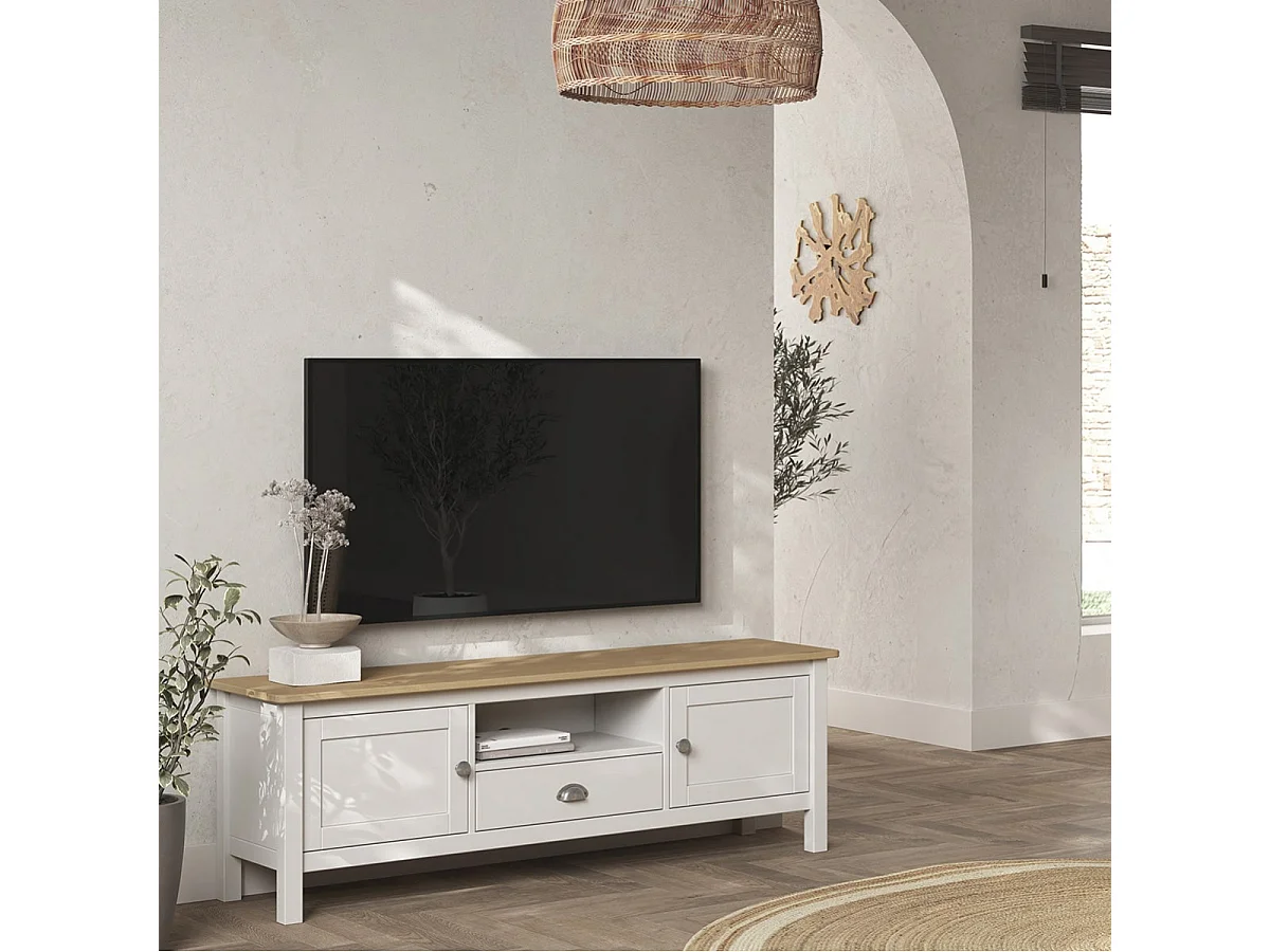 BASCO - Meuble TV 2 Portes 1 Tiroir en Pin Massif Naturel et Blanc