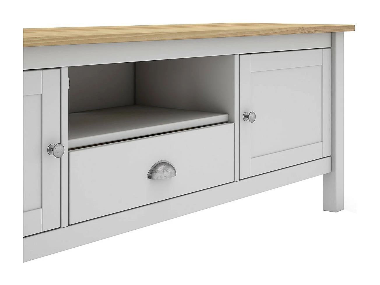 BASCO - Meuble TV 2 Portes 1 Tiroir en Pin Massif Naturel et Blanc
