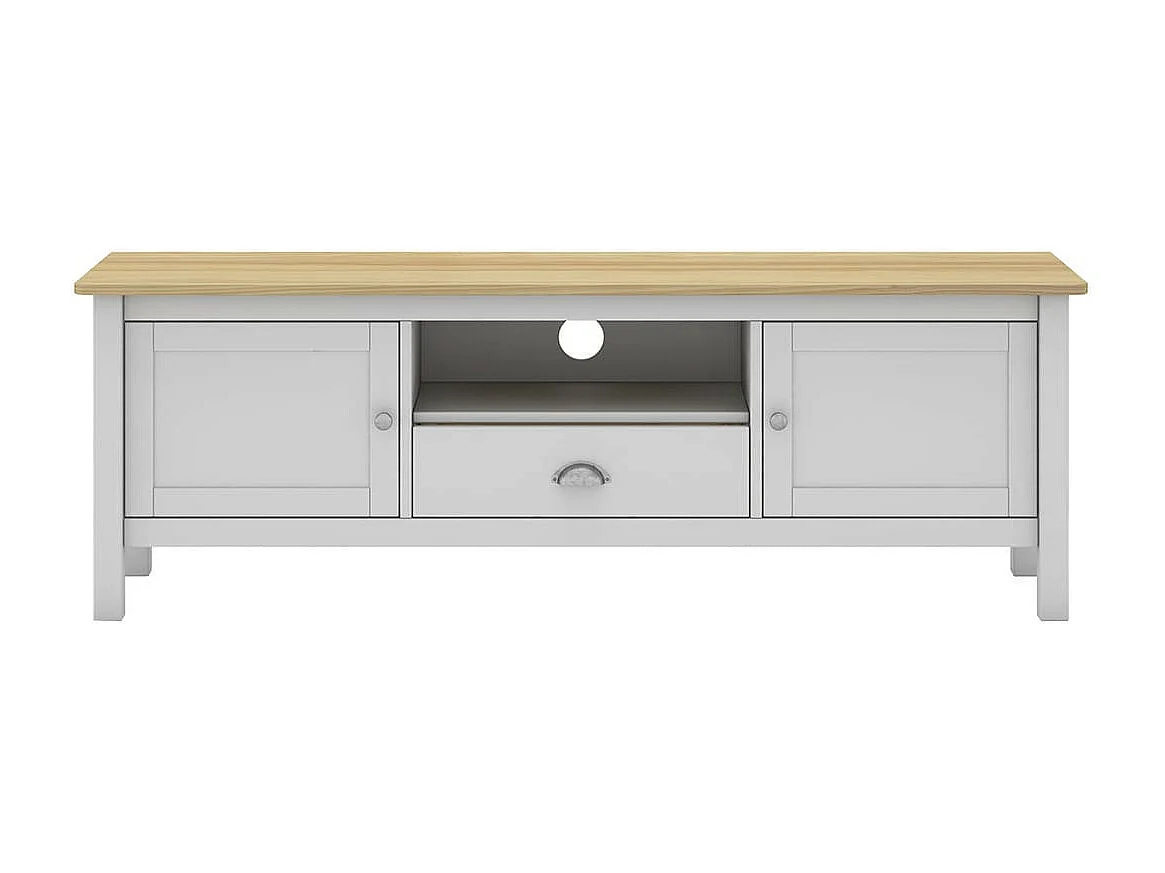 BASCO - Meuble TV 2 Portes 1 Tiroir en Pin Massif Naturel et Blanc
