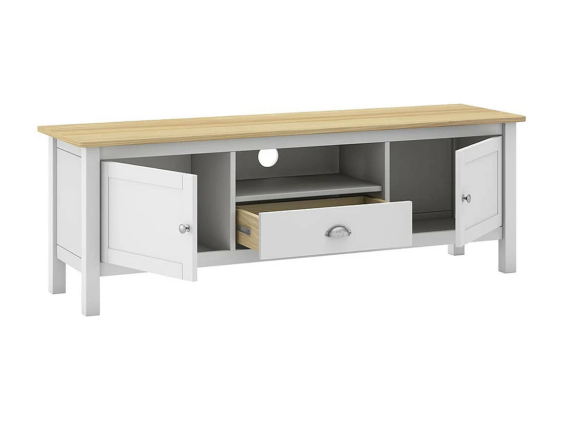 BASCO - Meuble TV 2 Portes 1 Tiroir en Pin Massif Naturel et Blanc