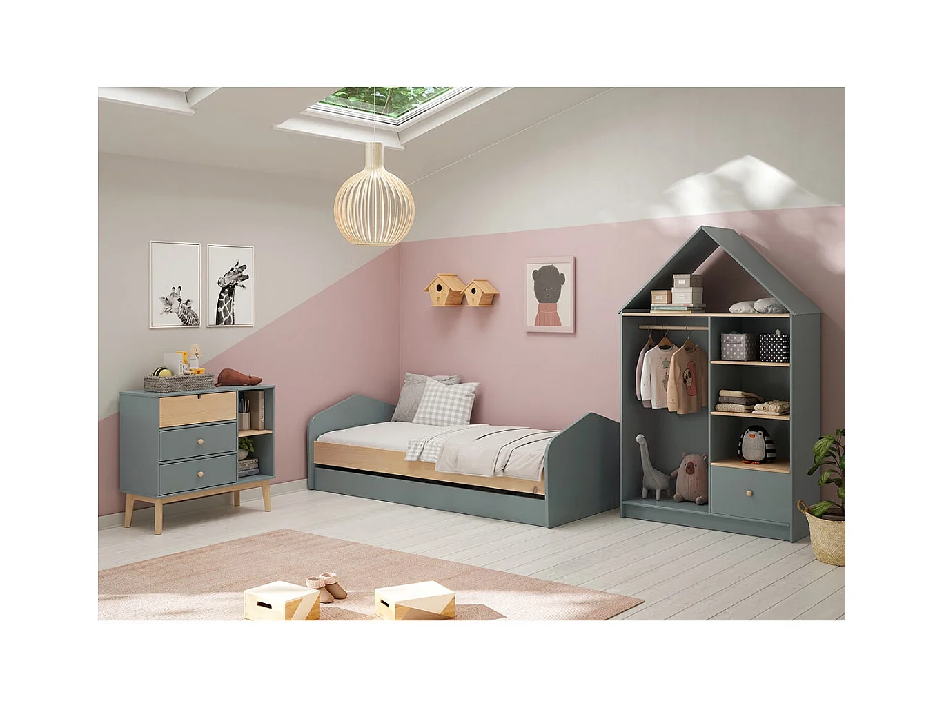 KAINA - Chambre 90x200cm avec Commode 3T et Dressing Cabane Coloris Gris et Naturel