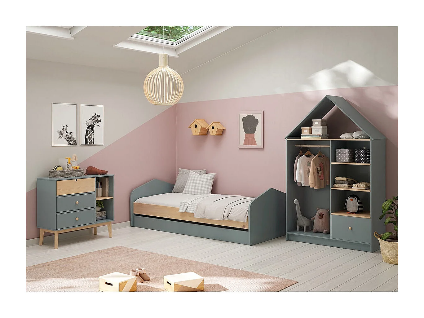 KAINA - Chambre 90x200cm avec Commode 3T et Dressing Cabane Coloris Gris et Naturel