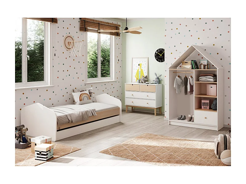 KAINA - Chambre 90x200cm avec Commode 4T et Dressing Cabane Coloris Blanc et Naturel