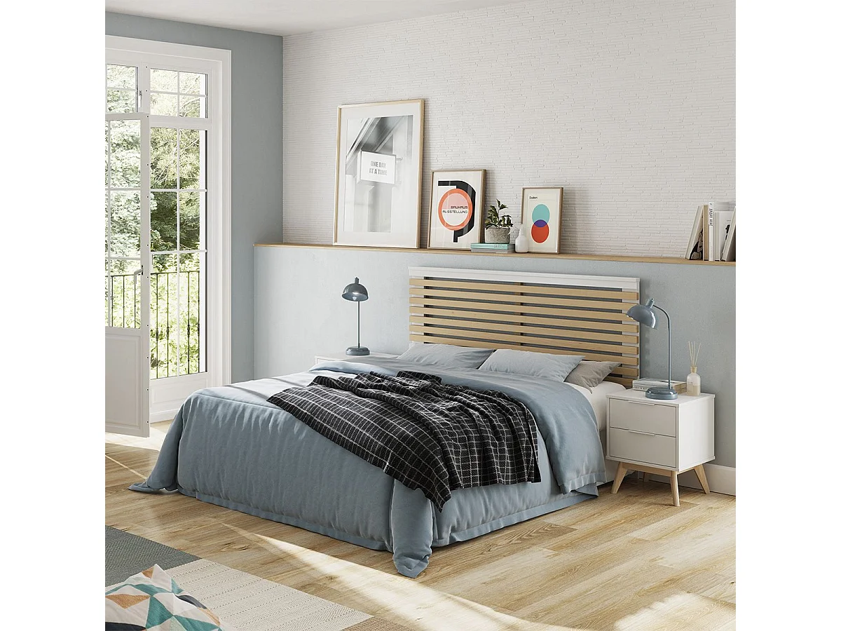 LAUPELL - Chambre 140x190cm avec Commode 3 Tiroirs Pin Naturel et Blanc Scandinave