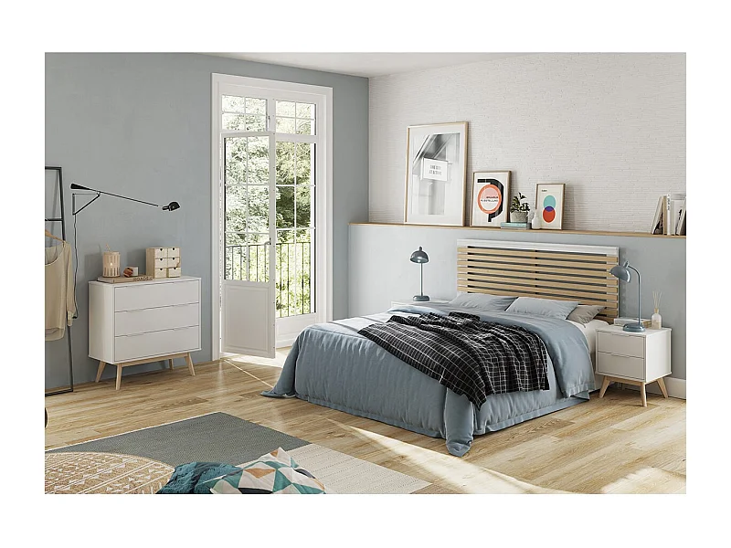 LAUPELL - Chambre 140x190cm avec Commode 3 Tiroirs Pin Naturel et Blanc Scandinave