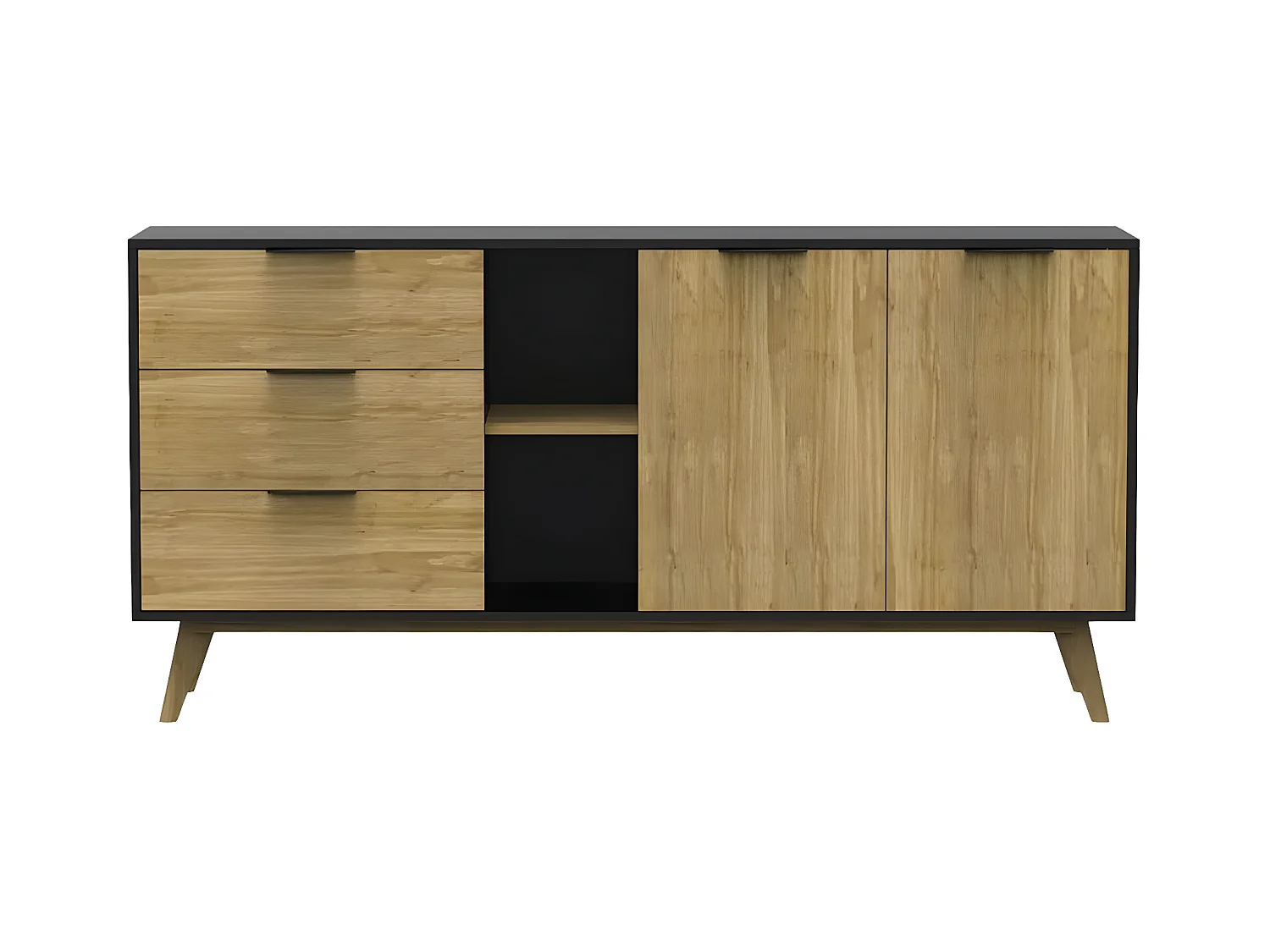 VIKOV - Buffet 165cm 2 Portes 3 Tiroirs Scandinave en Pin Massif Ciré