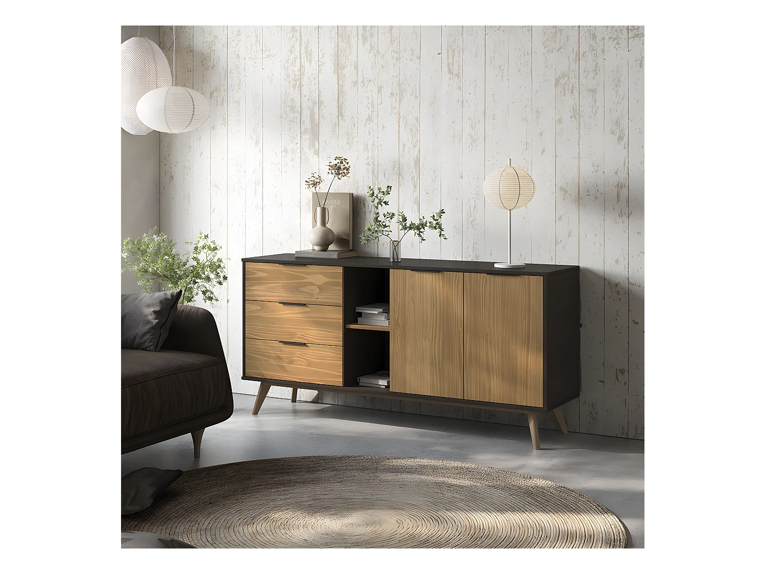 VIKOV - Buffet 165cm 2 Portes 3 Tiroirs Scandinave en Pin Massif Ciré