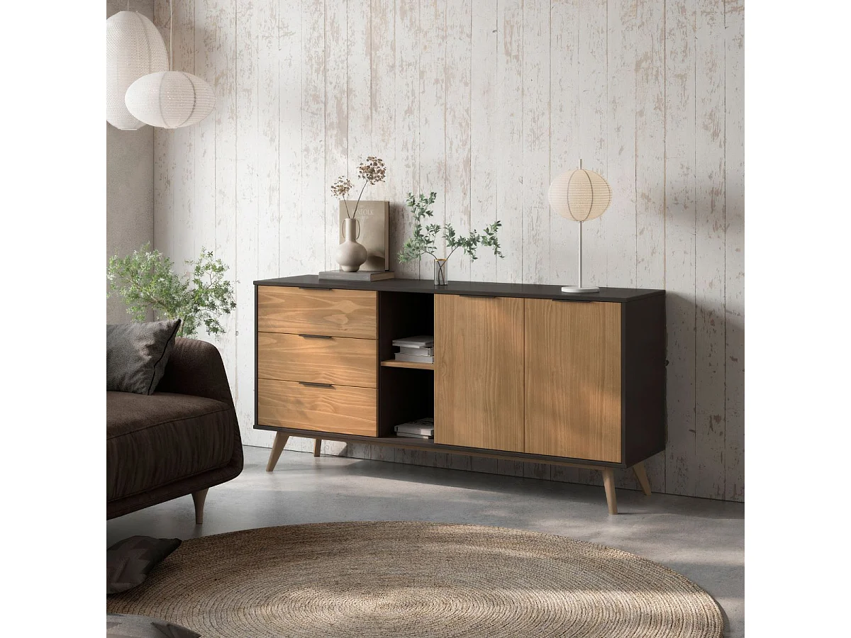 VIKOV - Buffet 165cm 2 Portes 3 Tiroirs Scandinave en Pin Massif Ciré