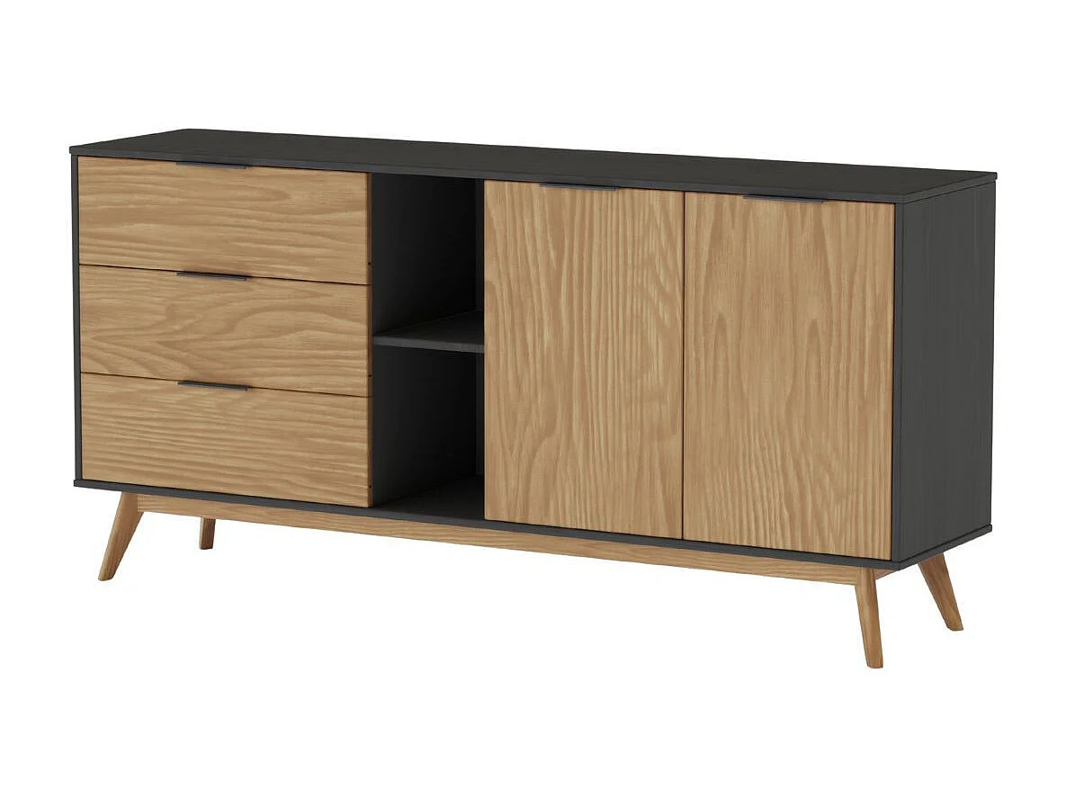 VIKOV - Buffet 165cm 2 Portes 3 Tiroirs Scandinave en Pin Massif Ciré