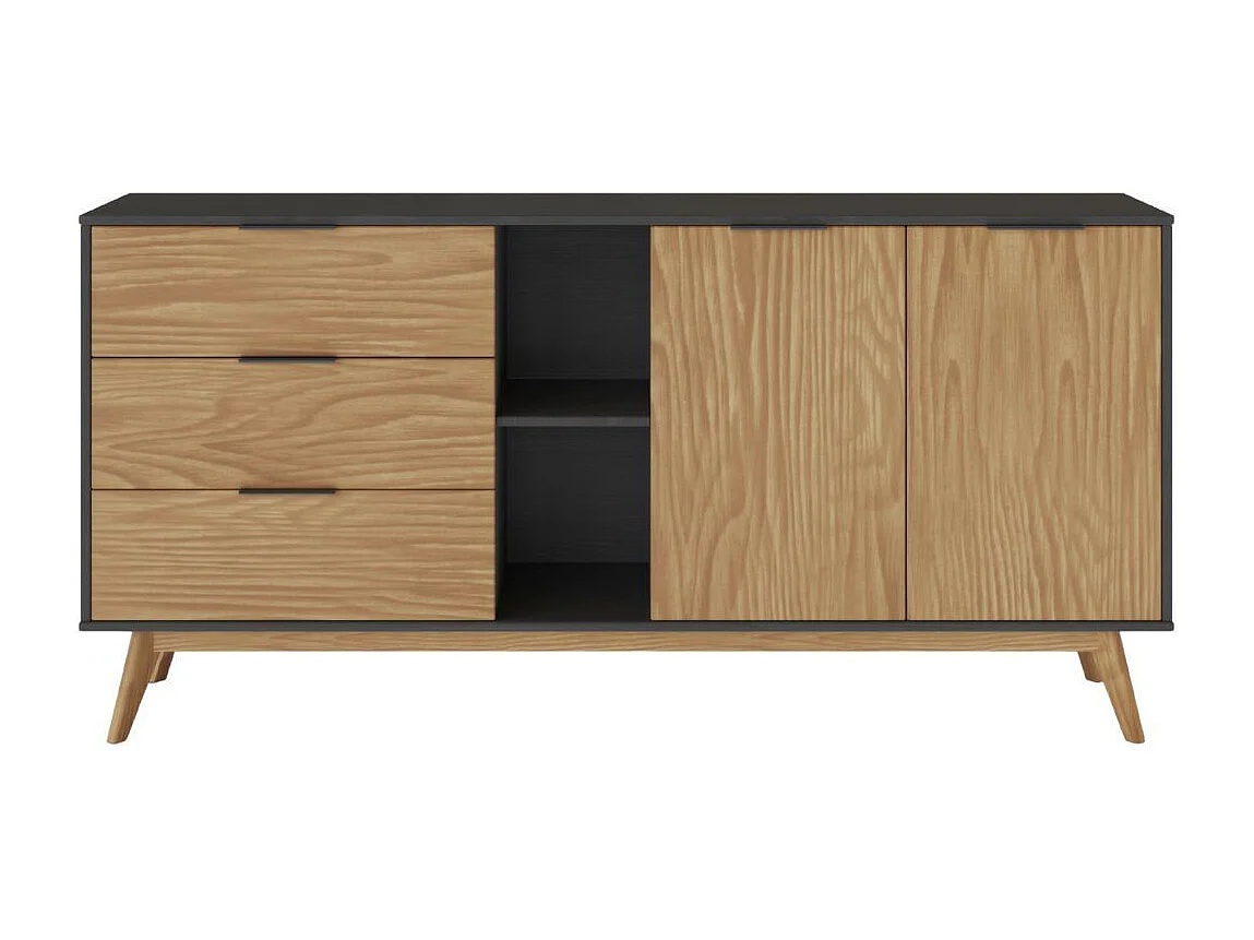 VIKOV - Buffet 165cm 2 Portes 3 Tiroirs Scandinave en Pin Massif Ciré