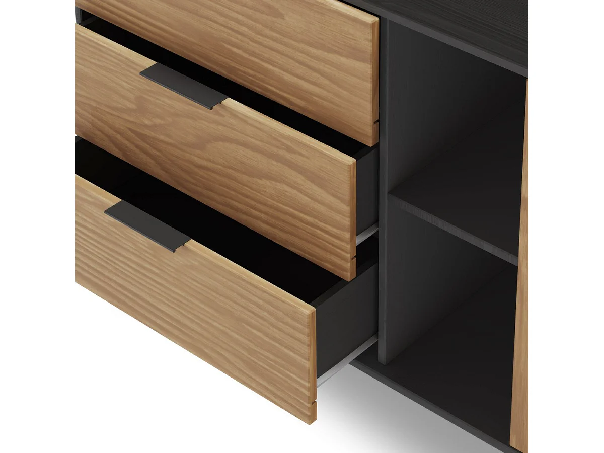 VIKOV - Buffet 165cm 2 Portes 3 Tiroirs Scandinave en Pin Massif Ciré