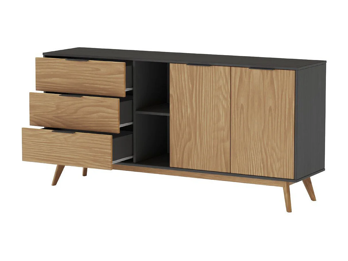 VIKOV - Buffet 165cm 2 Portes 3 Tiroirs Scandinave en Pin Massif Ciré