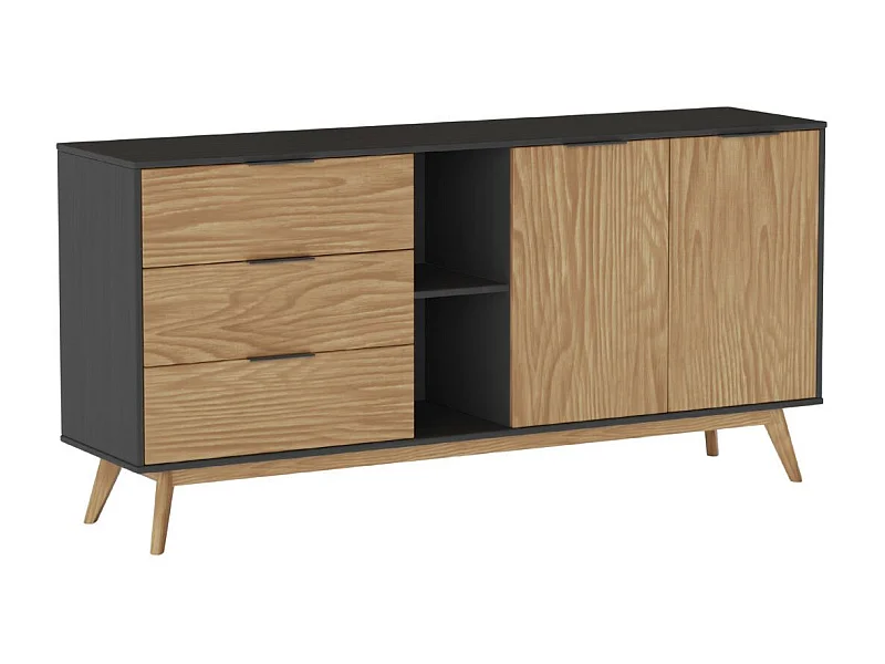 VIKOV - Buffet 165cm 2 Portes 3 Tiroirs Scandinave en Pin Massif Ciré