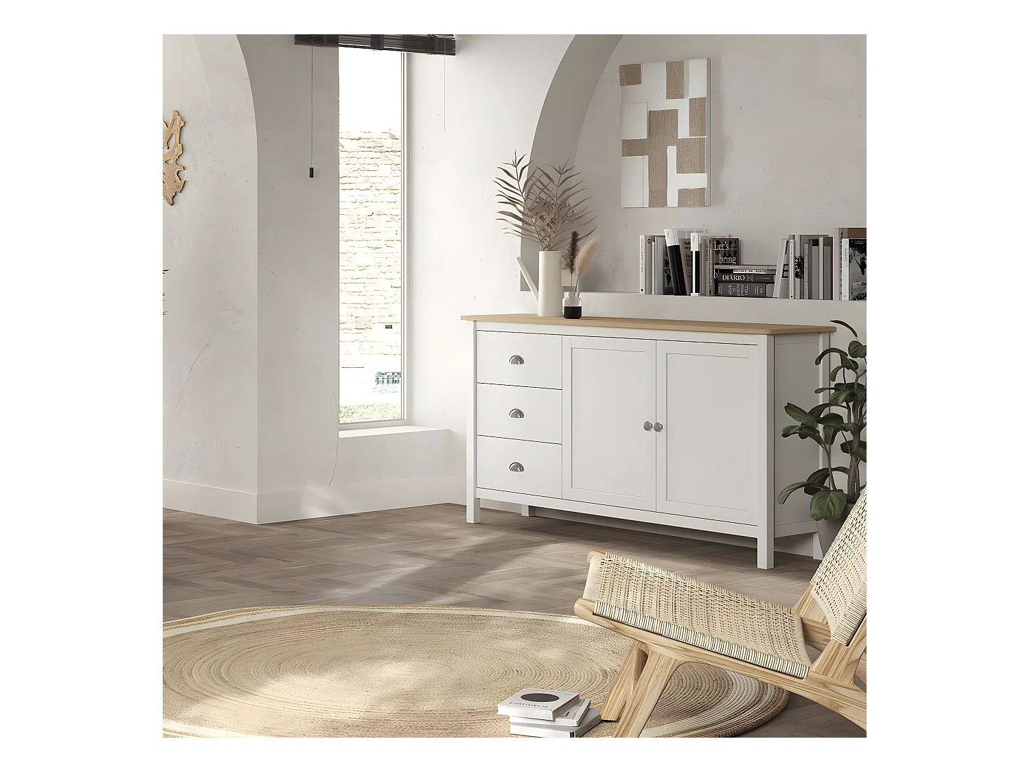 BASCO - Buffet 2 Portes 3 Tiroirs en Pin Massif Naturel et Blanc