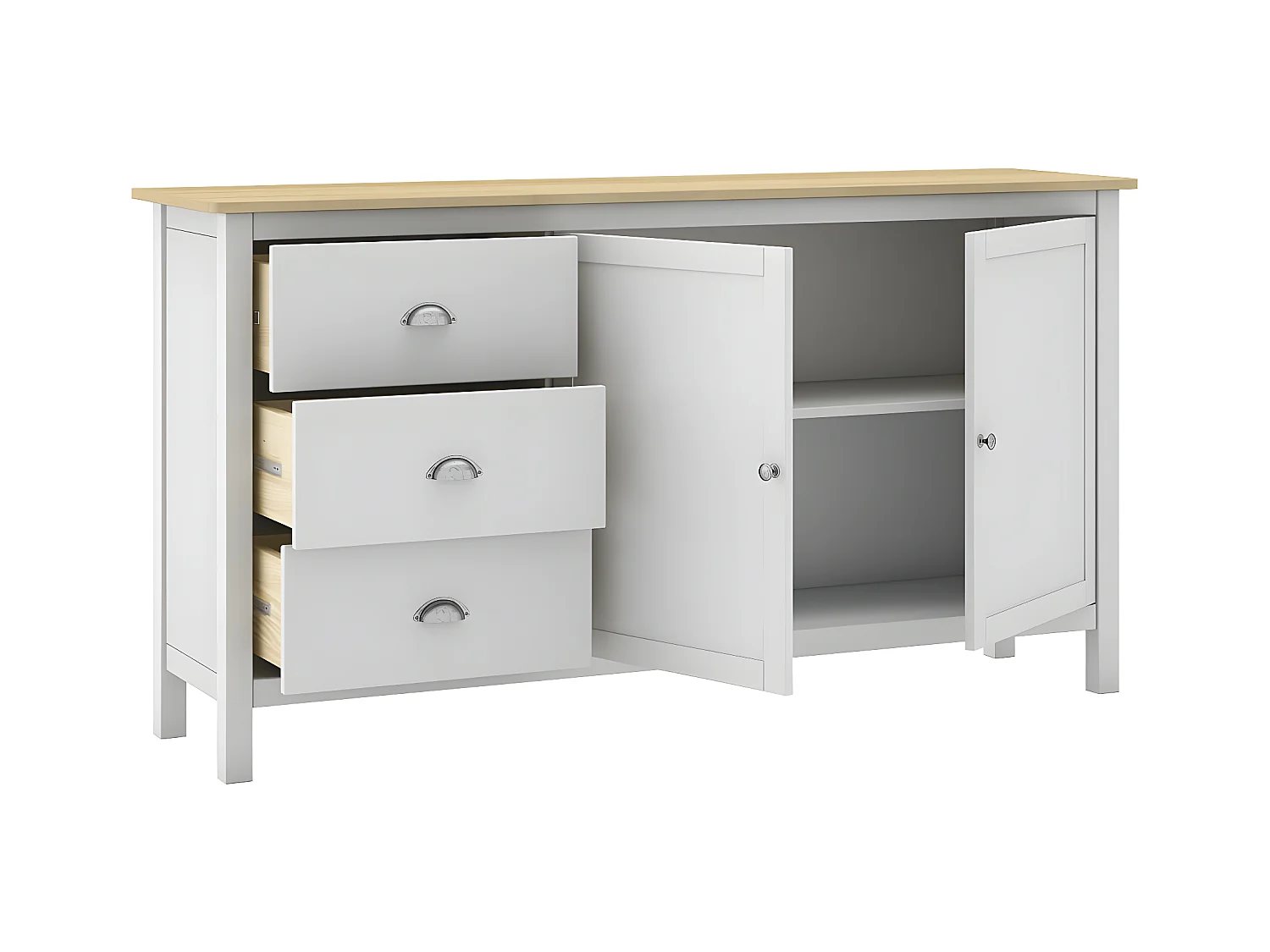 BASCO - Buffet 2 Portes 3 Tiroirs en Pin Massif Naturel et Blanc