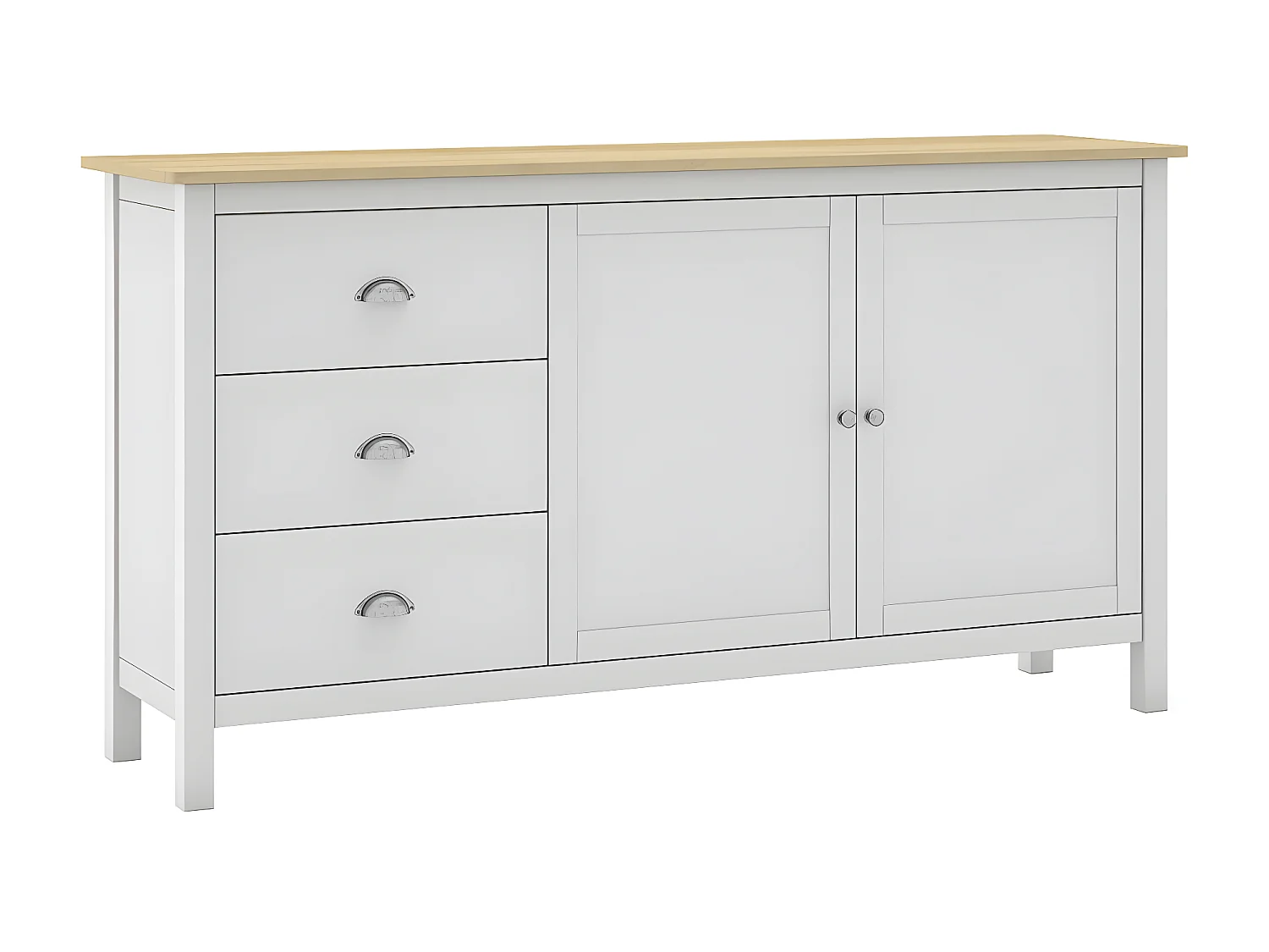 BASCO - Buffet 2 Portes 3 Tiroirs en Pin Massif Naturel et Blanc